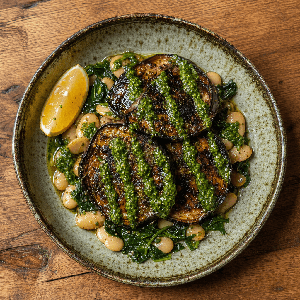Aubergine Steaks with Butter Beans & Green Sauce