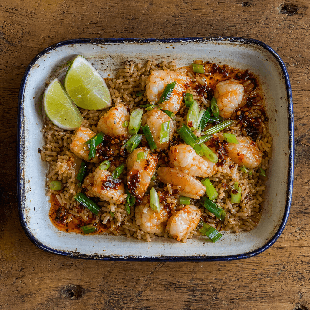 Prawns with Chilli Crisp, Greens & Brown Rice