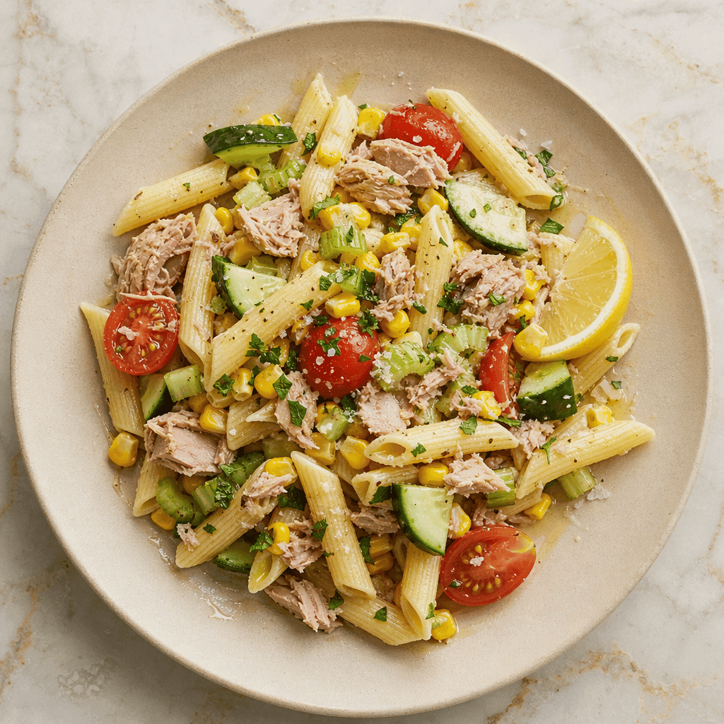 Tuna Pasta Salad with Sweetcorn and Cucumber