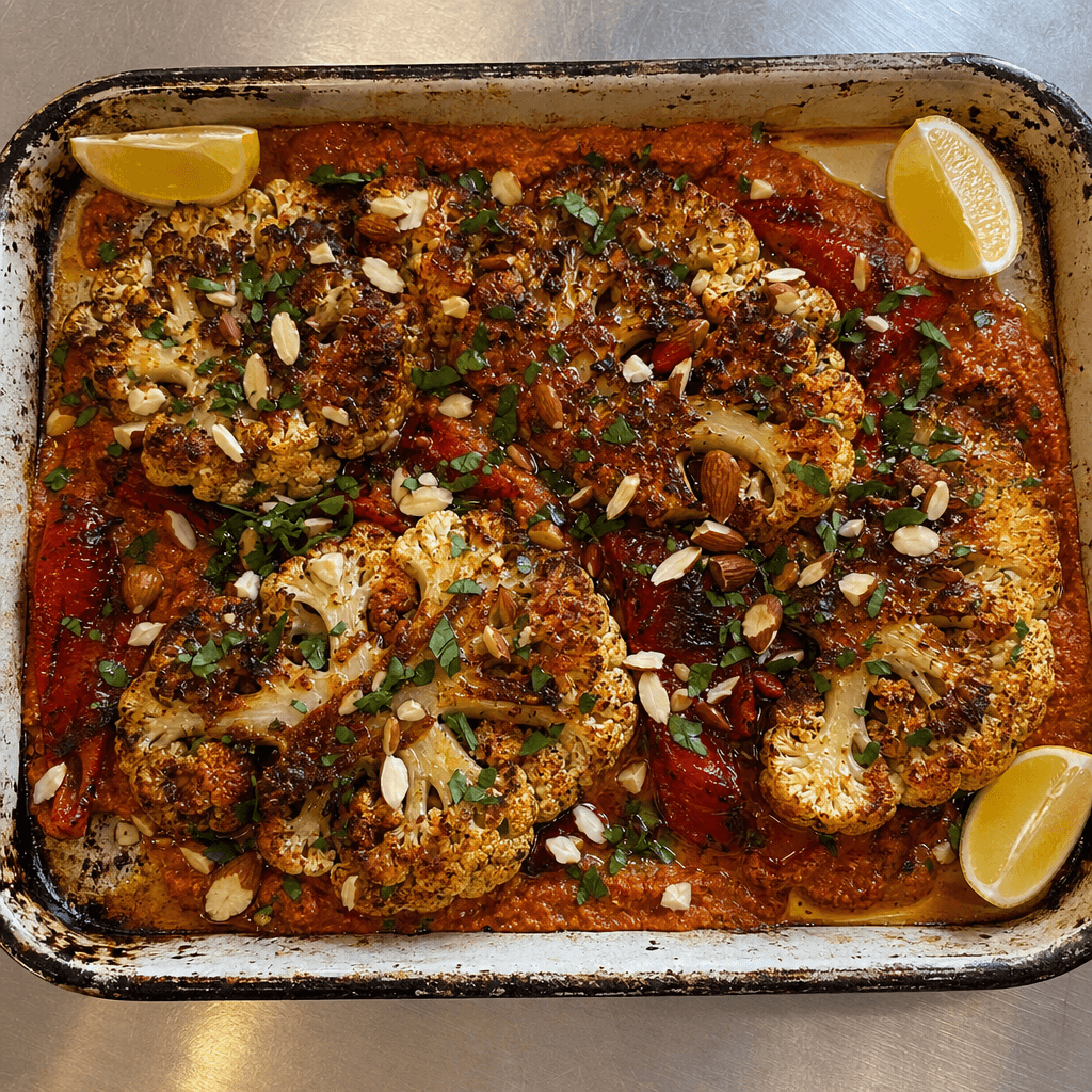 Roasted Cauliflower Steaks with Romesco & Toasted Almonds