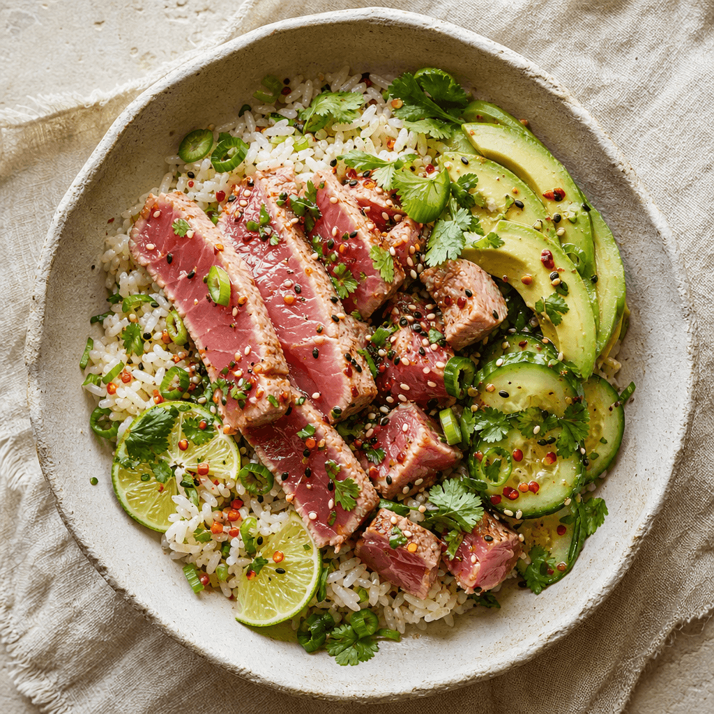 Seared Tuna with Avocado, Lime & Sesame Rice