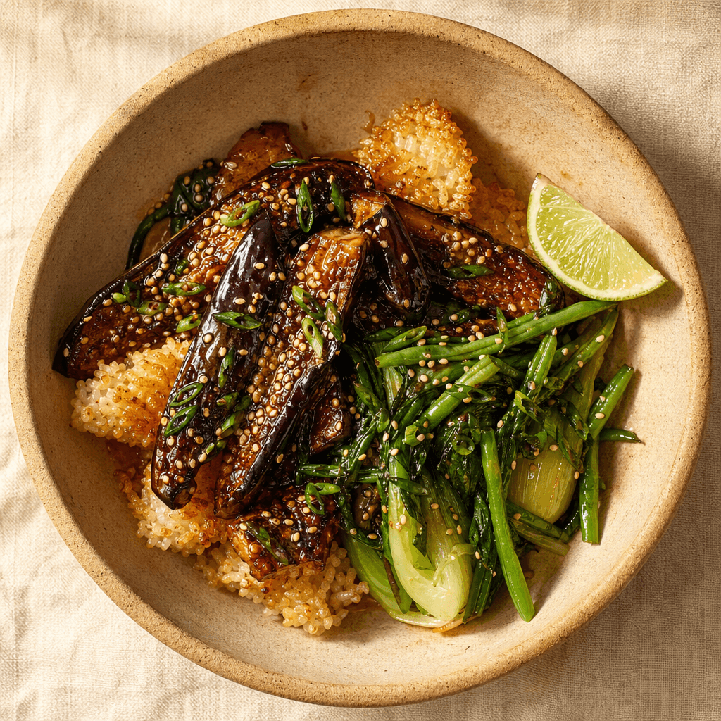 Miso Aubergine with Crispy Rice & Sesame Greens