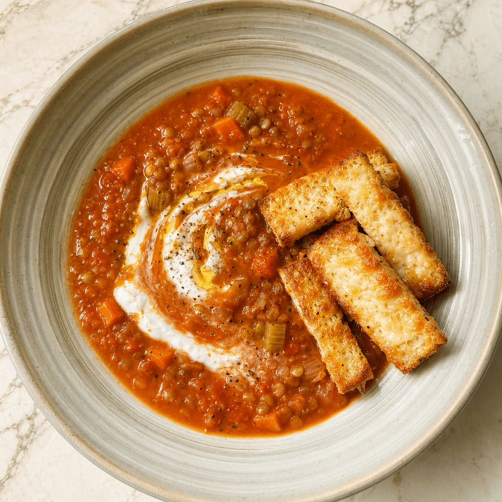 Mild Tomato & Lentil Soup with Toasted Cheese Dippers