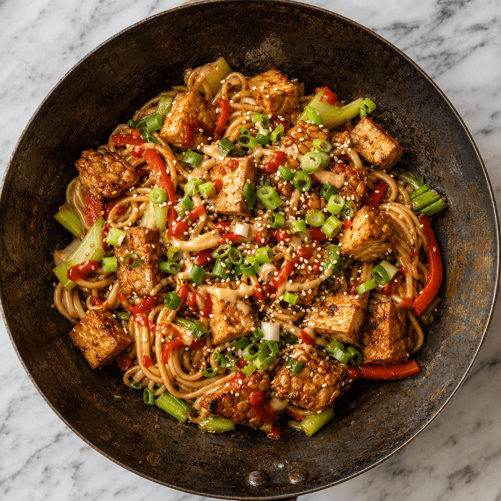 Tofu & Tempeh Stir-Fry with Sesame Noodles
