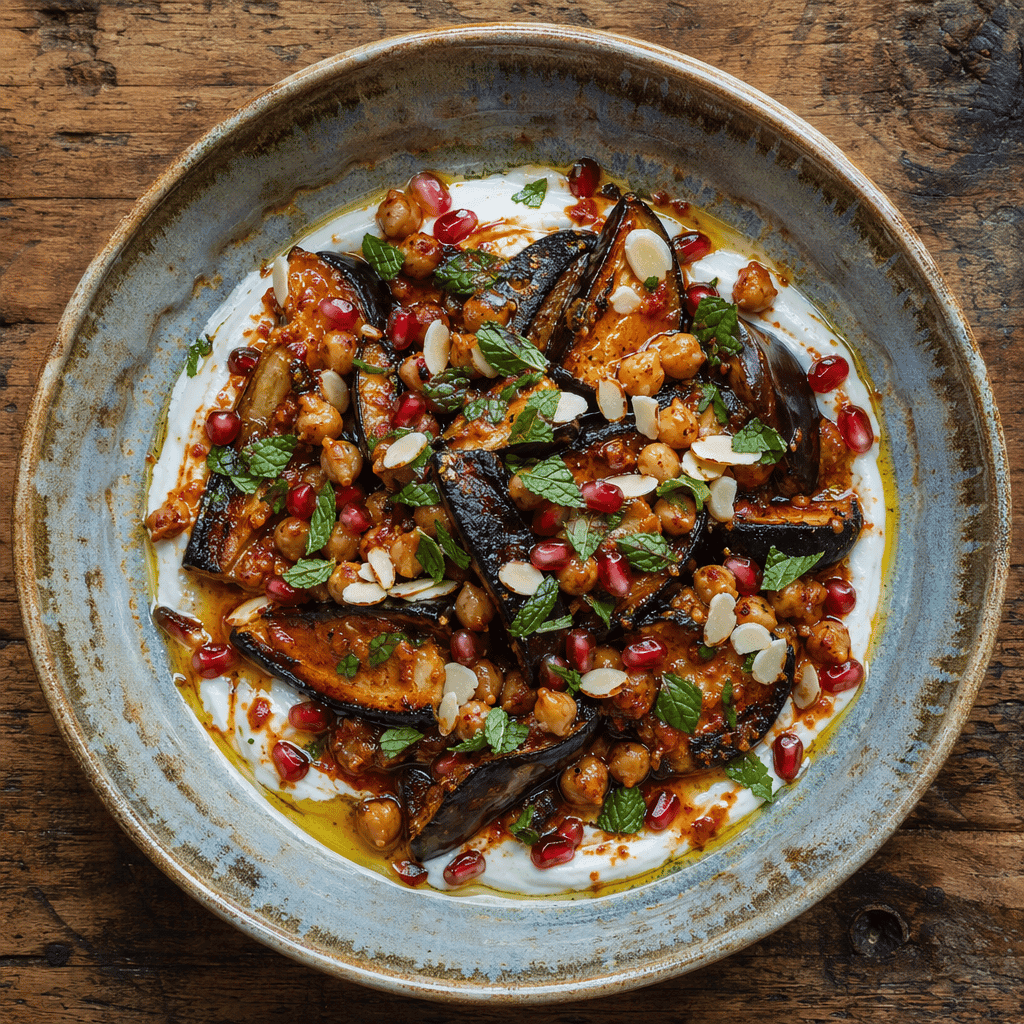 Harissa Aubergine with Yoghurt and Pomegranate