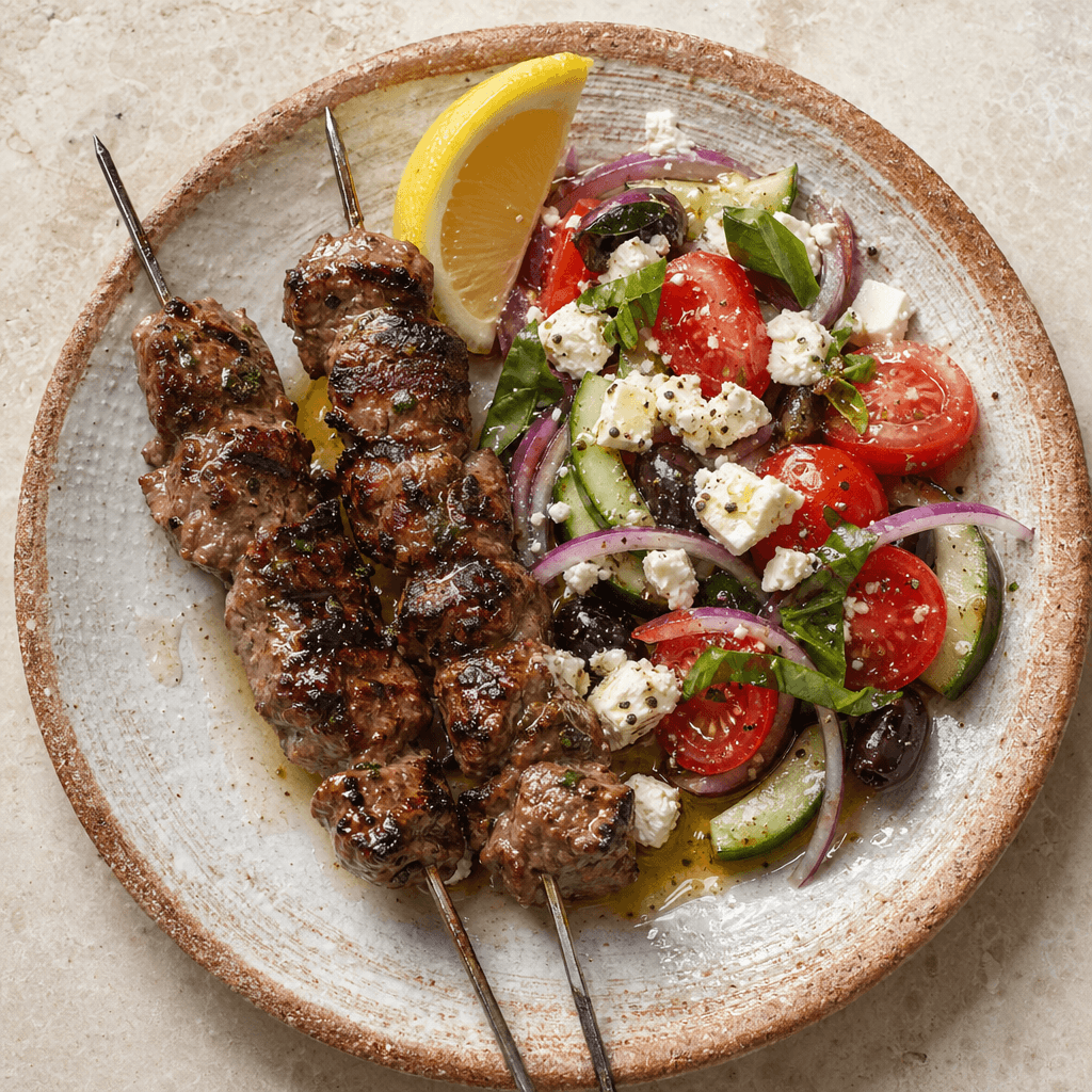 Lean Lamb Souvlaki with Greek Salad
