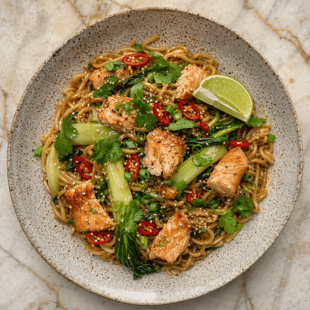 Miso Salmon with Pak Choi and Sesame Noodles