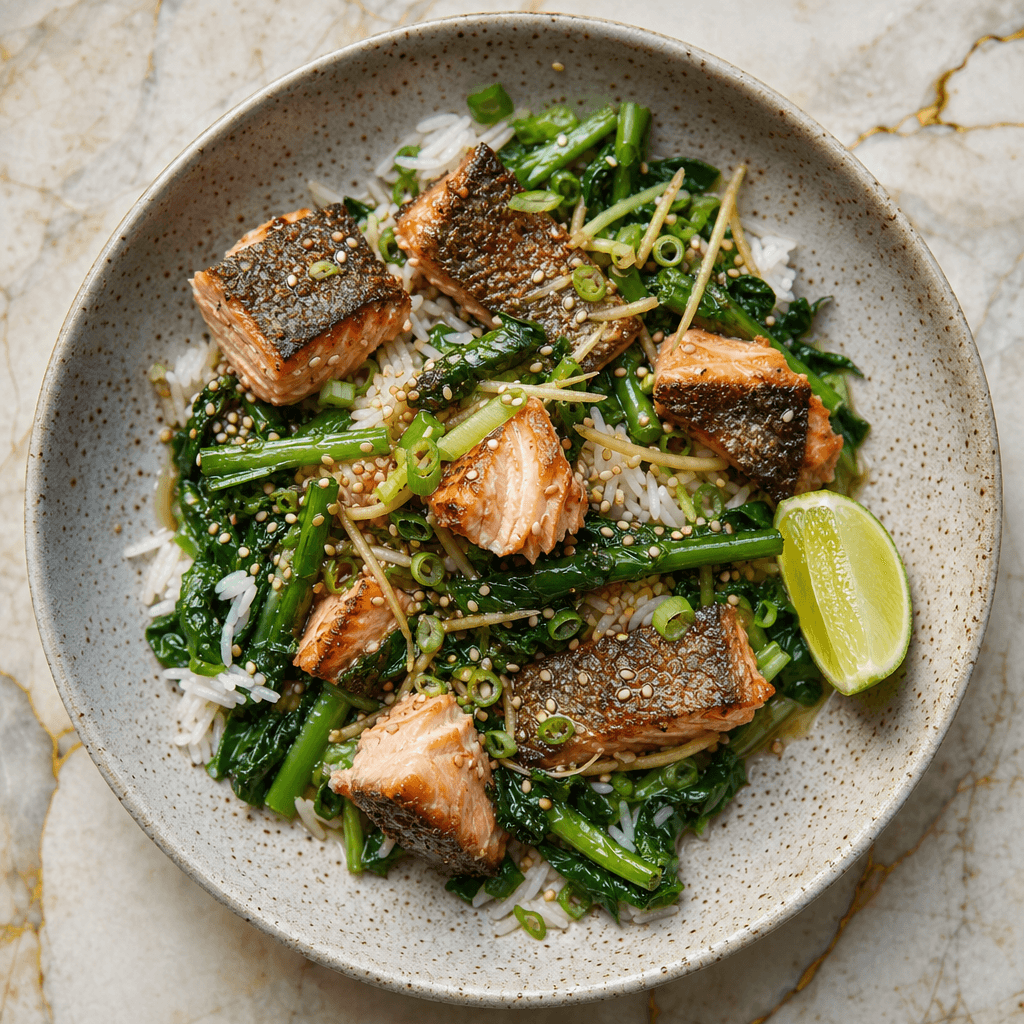 Crispy Skin Salmon with Ginger Greens & Rice