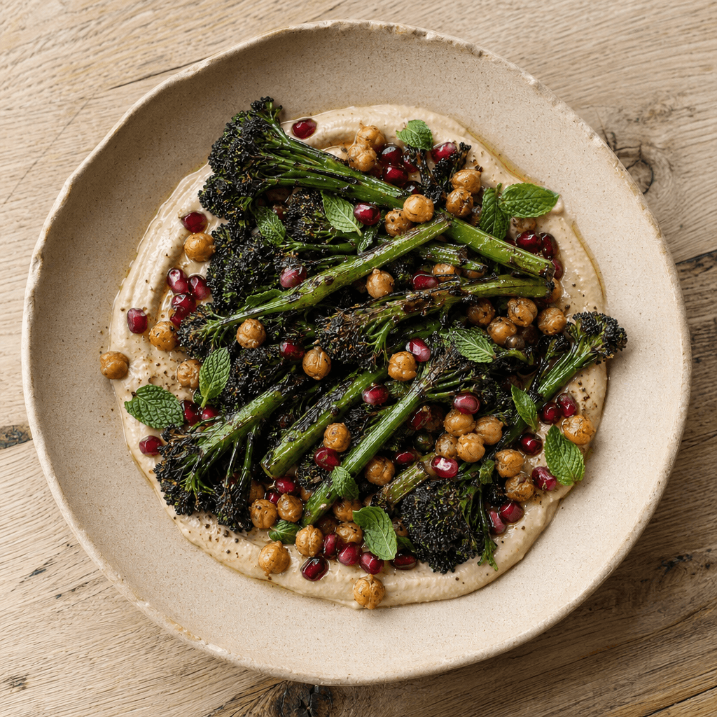 Charred Tenderstem with Whipped Tahini, Crispy Chickpeas and Pomegranate