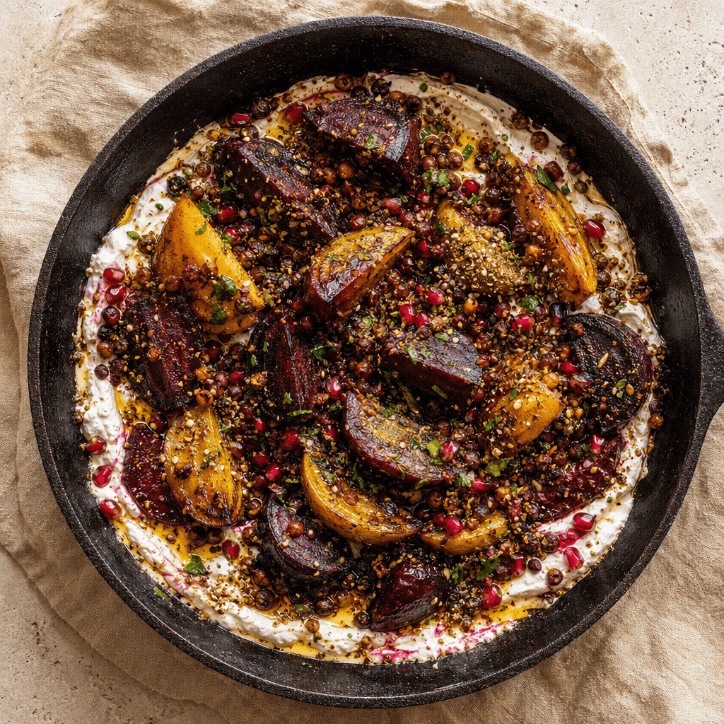 Roasted Beetroot with Labneh, Dukkah and Crispy Lentils