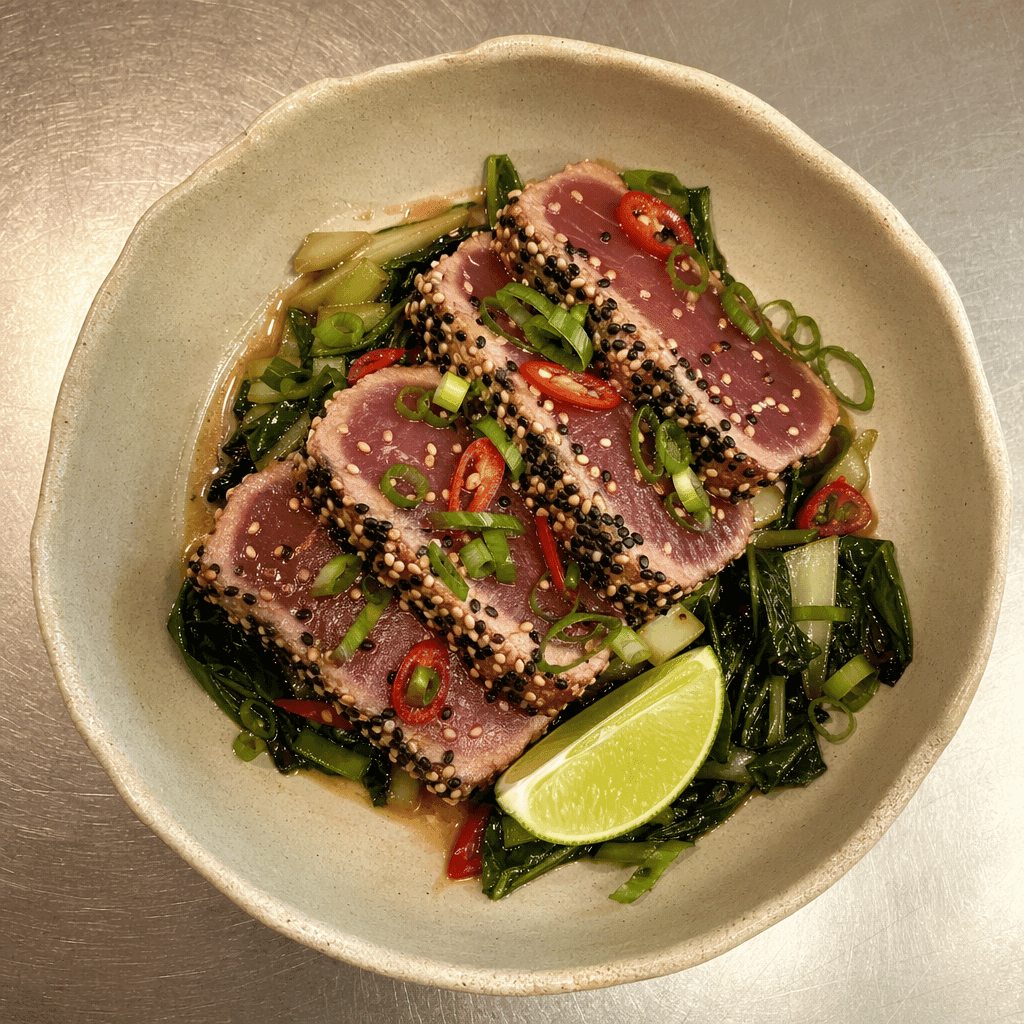 Sesame-Crusted Tuna with Asian Greens