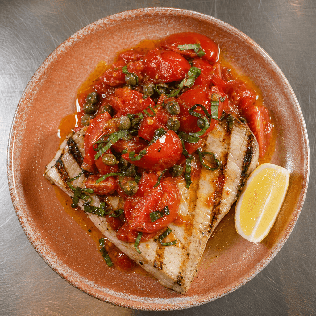 Grilled Swordfish with Tomato & Caper Salad