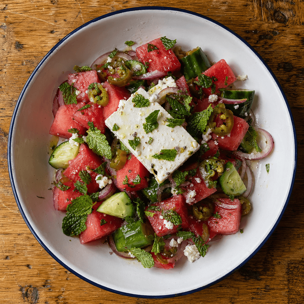 Watermelon, Feta, Mint and Pickled Jalapeño with Cucumber Crunch