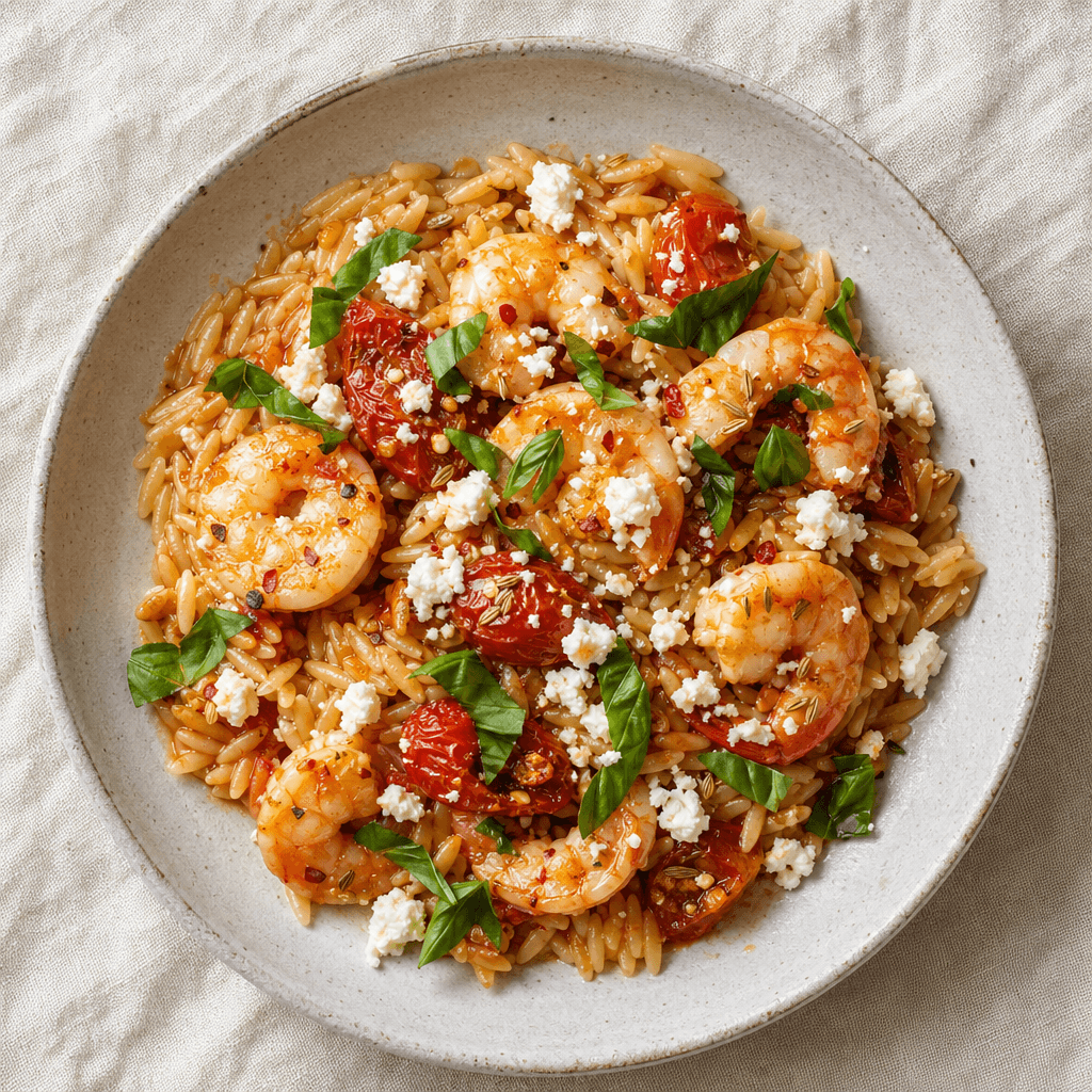 Orzo with Prawns and Feta Crumble