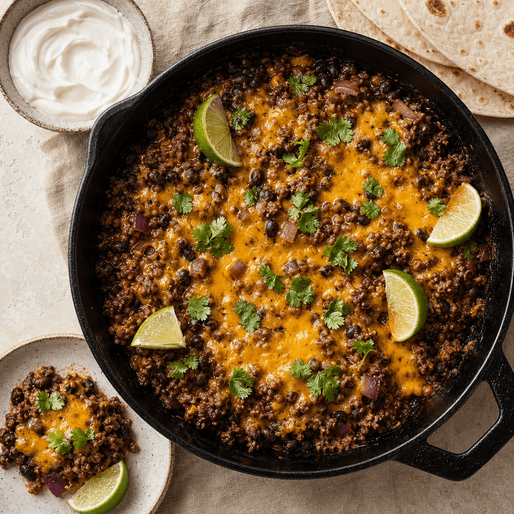 Cheesy Beef & Black Bean One-Pan