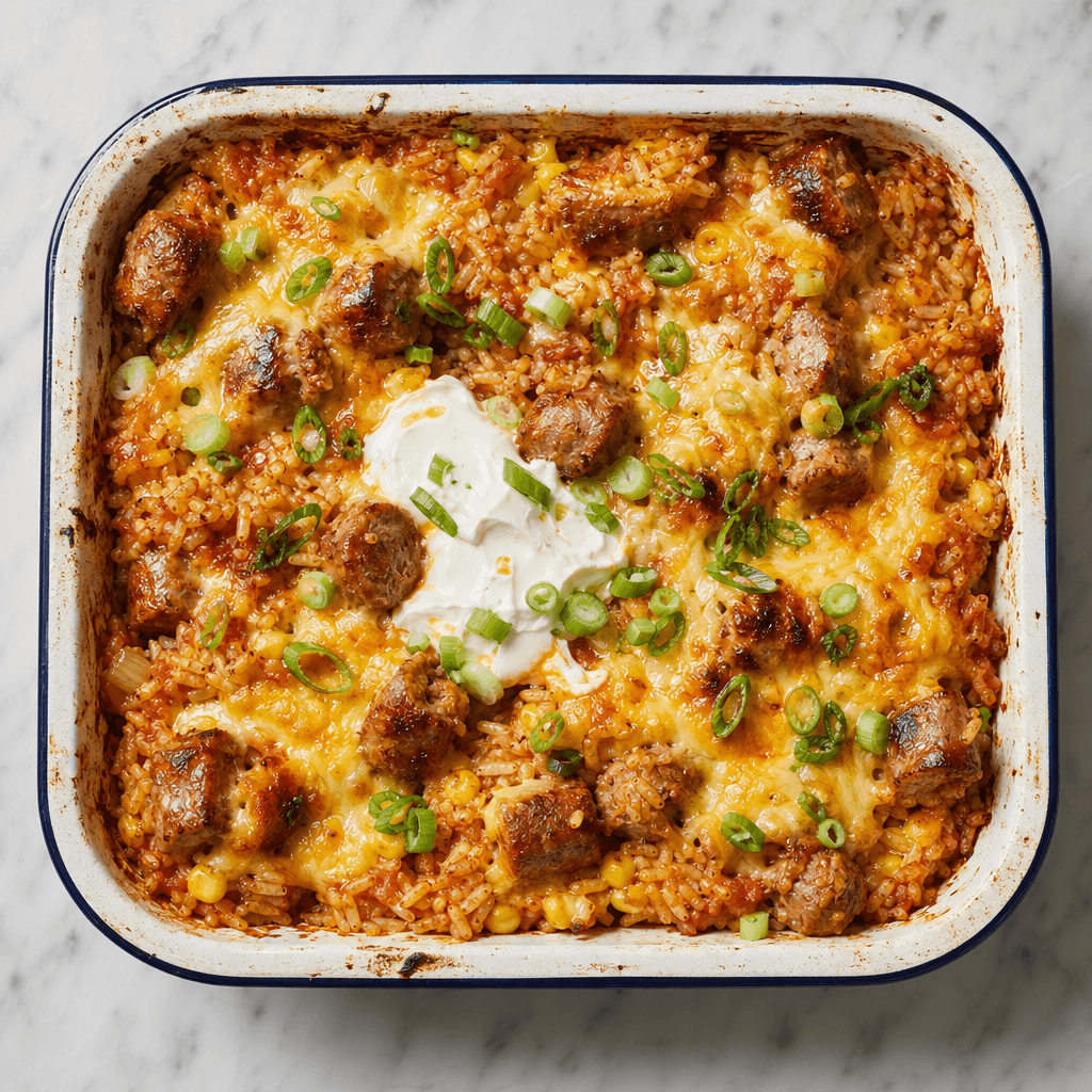 Sausage & Sweetcorn Rice Bake