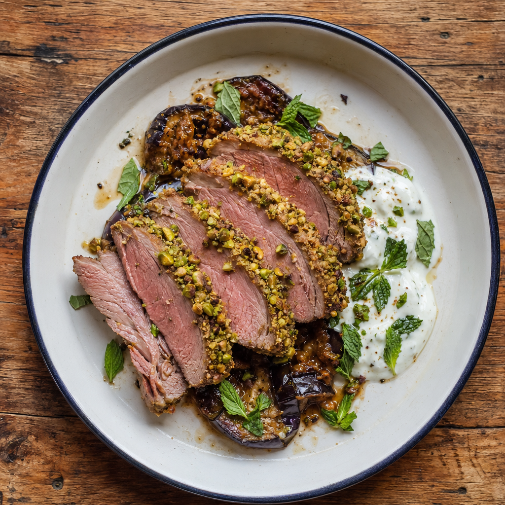 Lamb Rump with Pistachio Crust & Aubergine