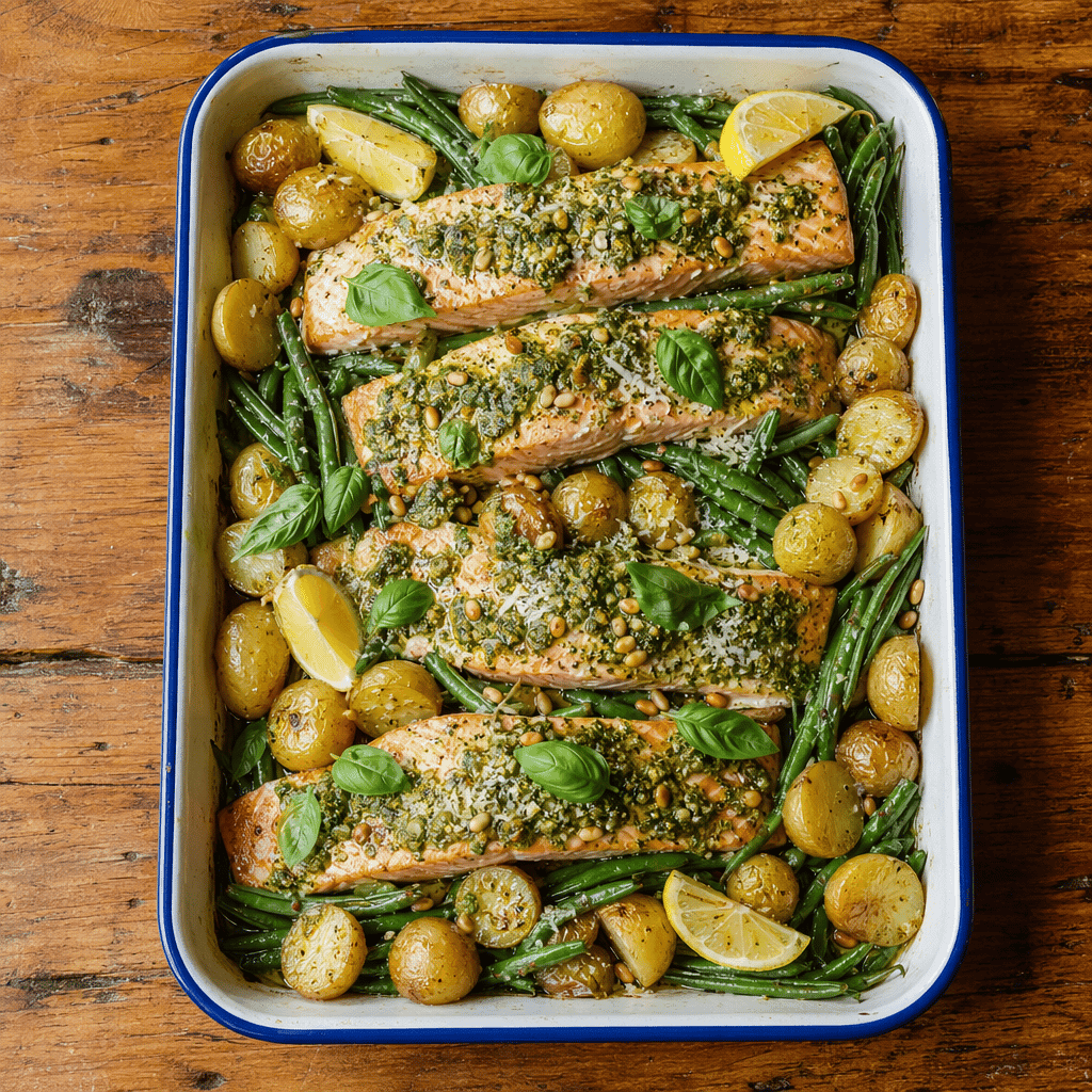 Baked Salmon with Pesto, New Potatoes and Green Beans