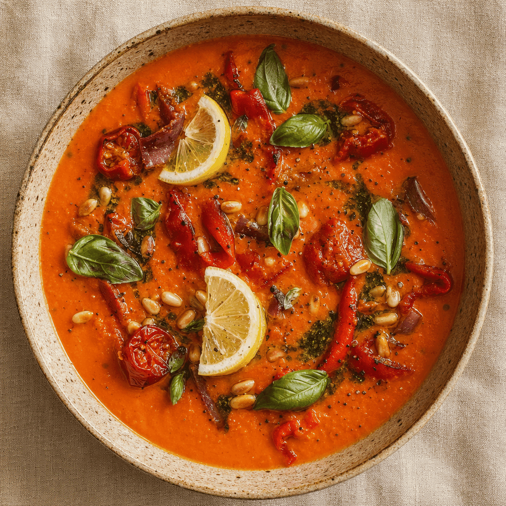 Roasted Red Pepper and Tomato Soup with Basil Oil