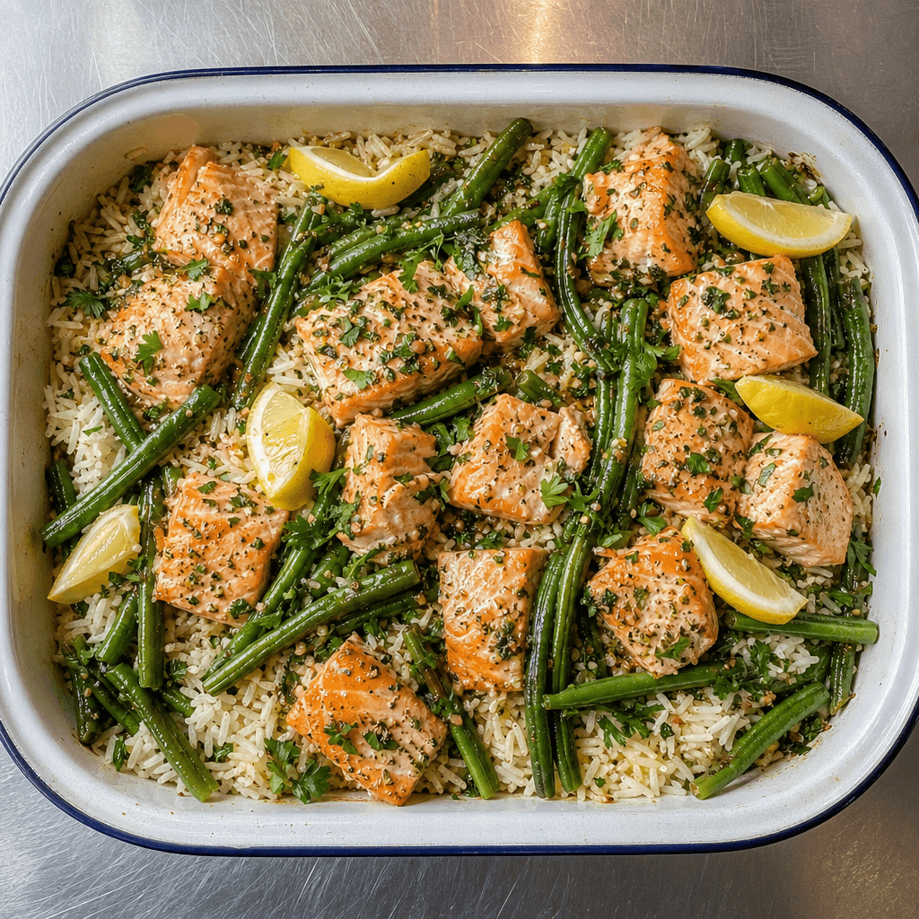Lemon & Herb Baked Salmon with Green Beans & Rice