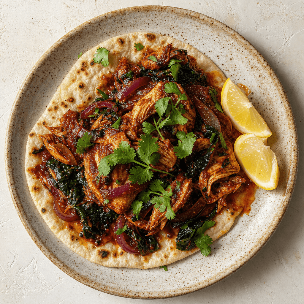 Pulled Harissa Chicken with Greens & Flatbreads