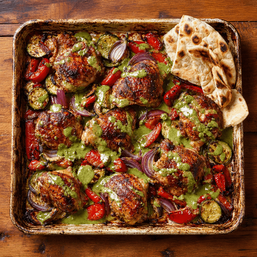 Crispy Chicken with Green Tahini & Roast Veg