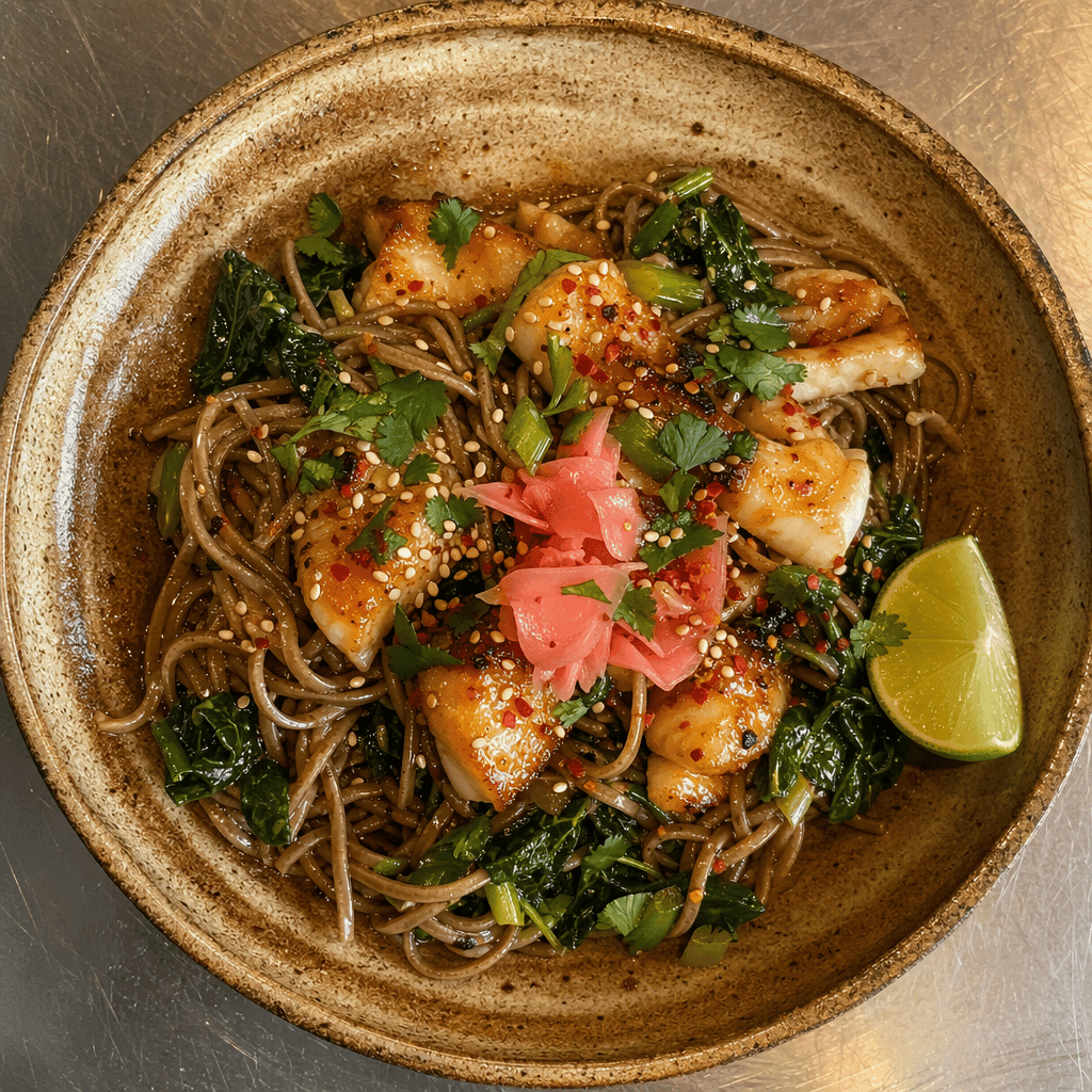 Miso Glazed Cod with Soba Noodles and Greens