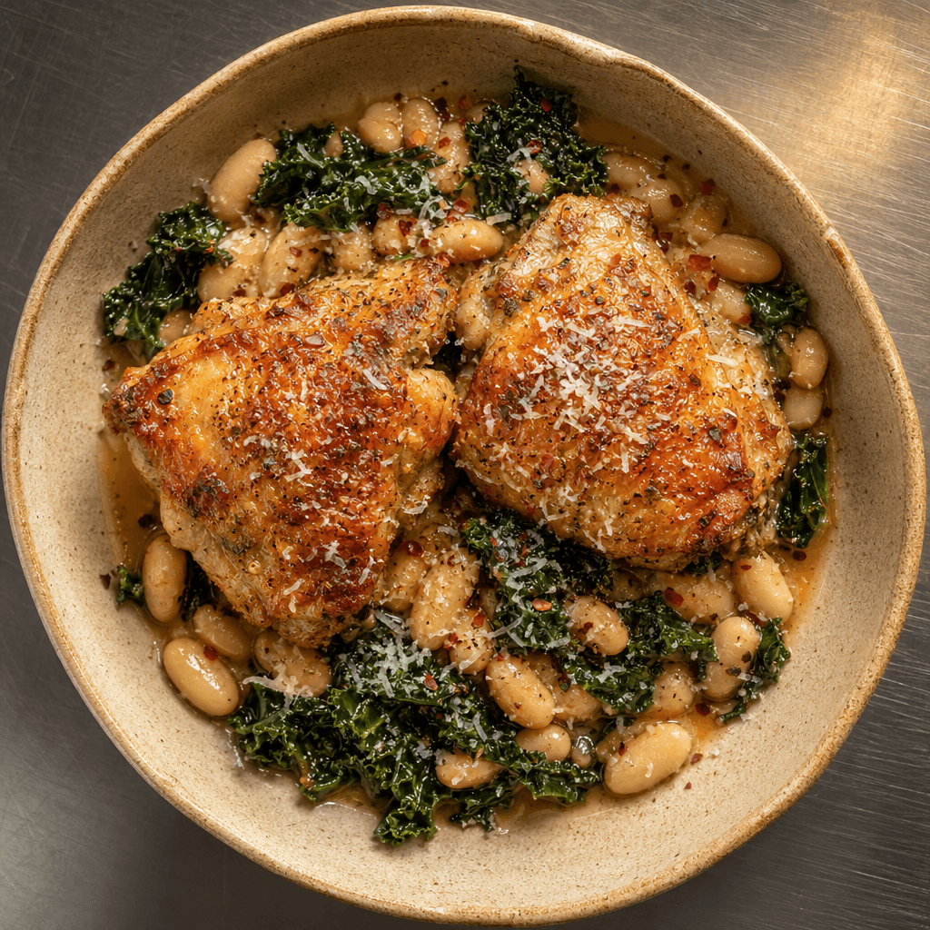 Crispy Chicken Thighs with White Beans & Kale