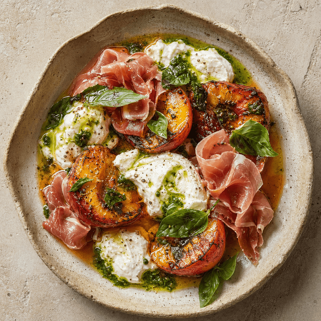Charred Peach, Burrata and Prosciutto with Basil Oil