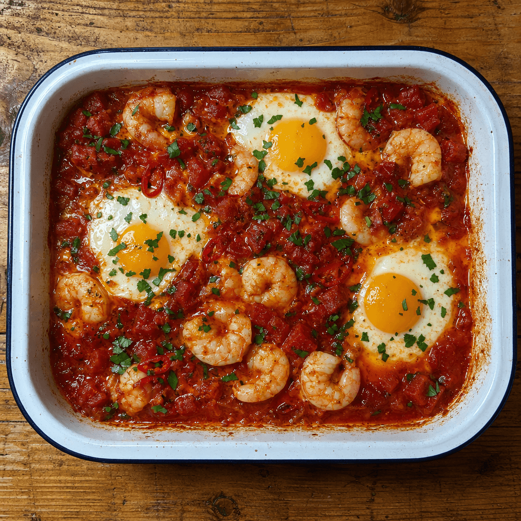 Garlic Prawn & Tomato Baked Eggs