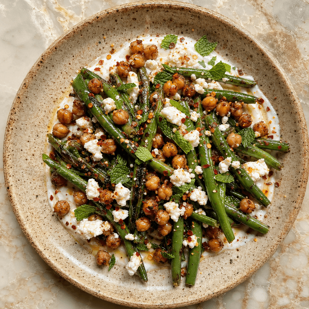 Green Beans, Feta & Crispy Chickpeas with Lemon Yogurt