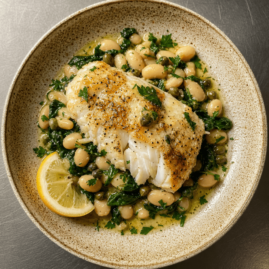 Cod with Lemon, Capers & Butter Beans