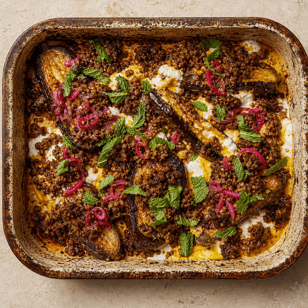 Roasted Aubergine with Crispy Lamb & Curried Turmeric Yoghurt