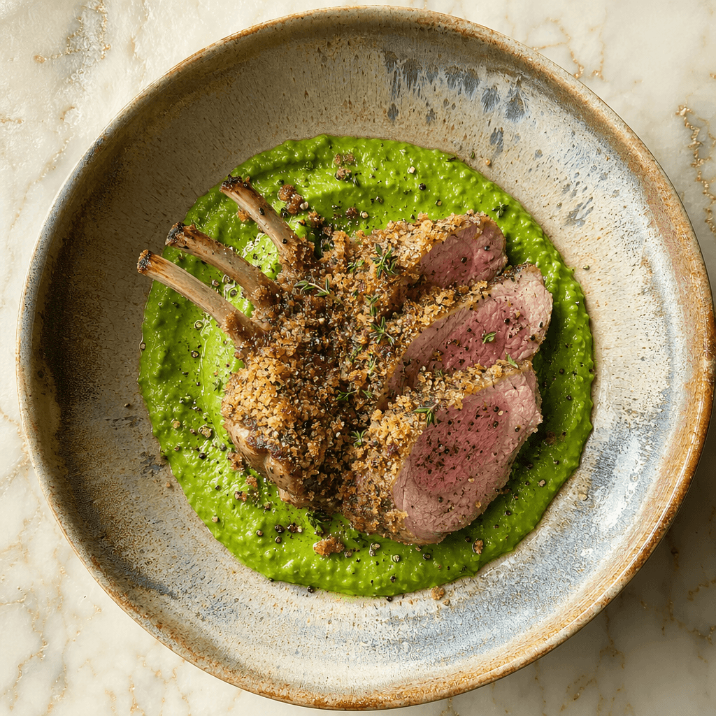 Herb-Crusted Rack of Lamb with Pea Purée