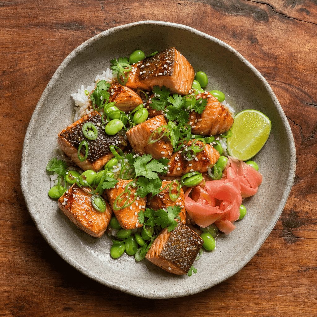 Teriyaki Salmon Bowls with Edamame and Pickled Ginger
