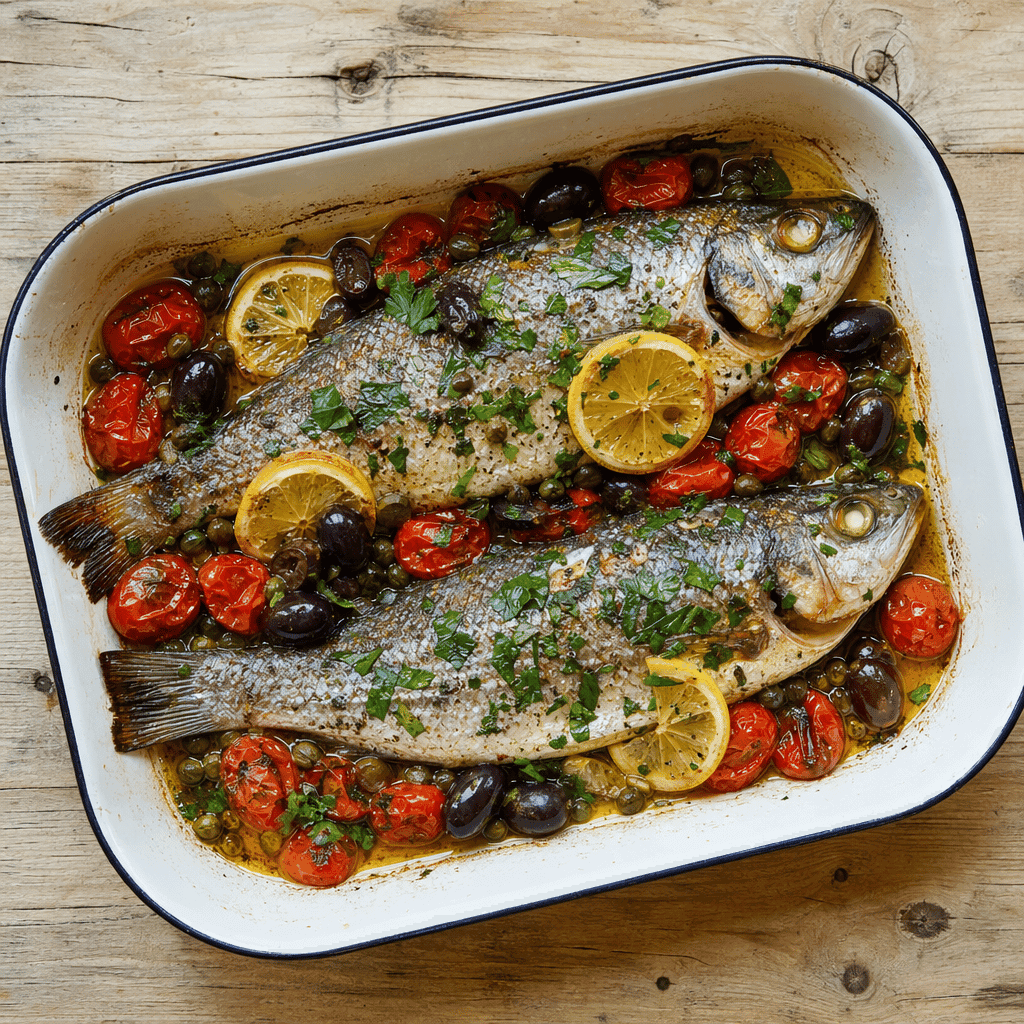 Baked Sea Bass with Cherry Tomatoes, Olives and Capers
