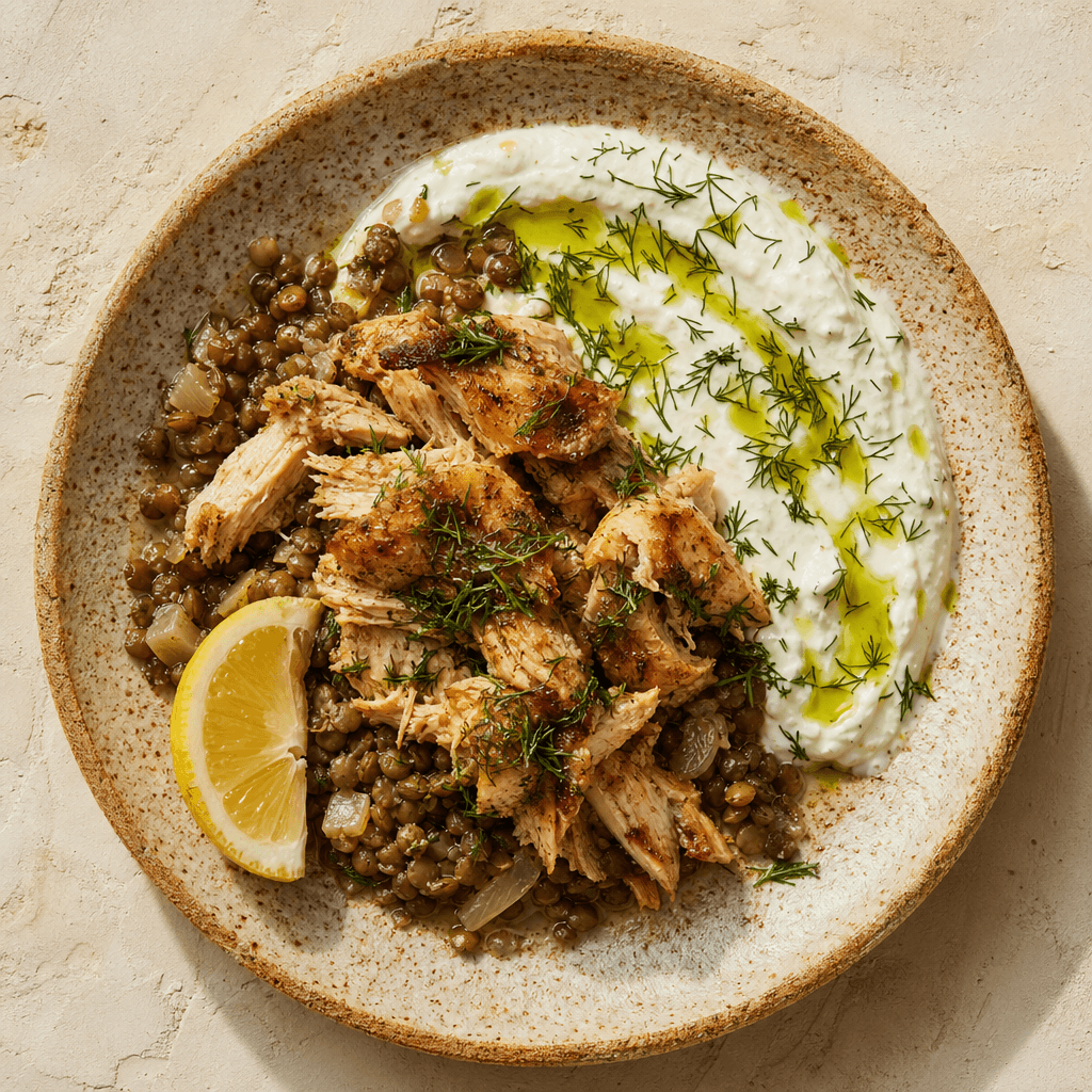 Shredded Chicken with Lemon Yogurt & Herby Lentils