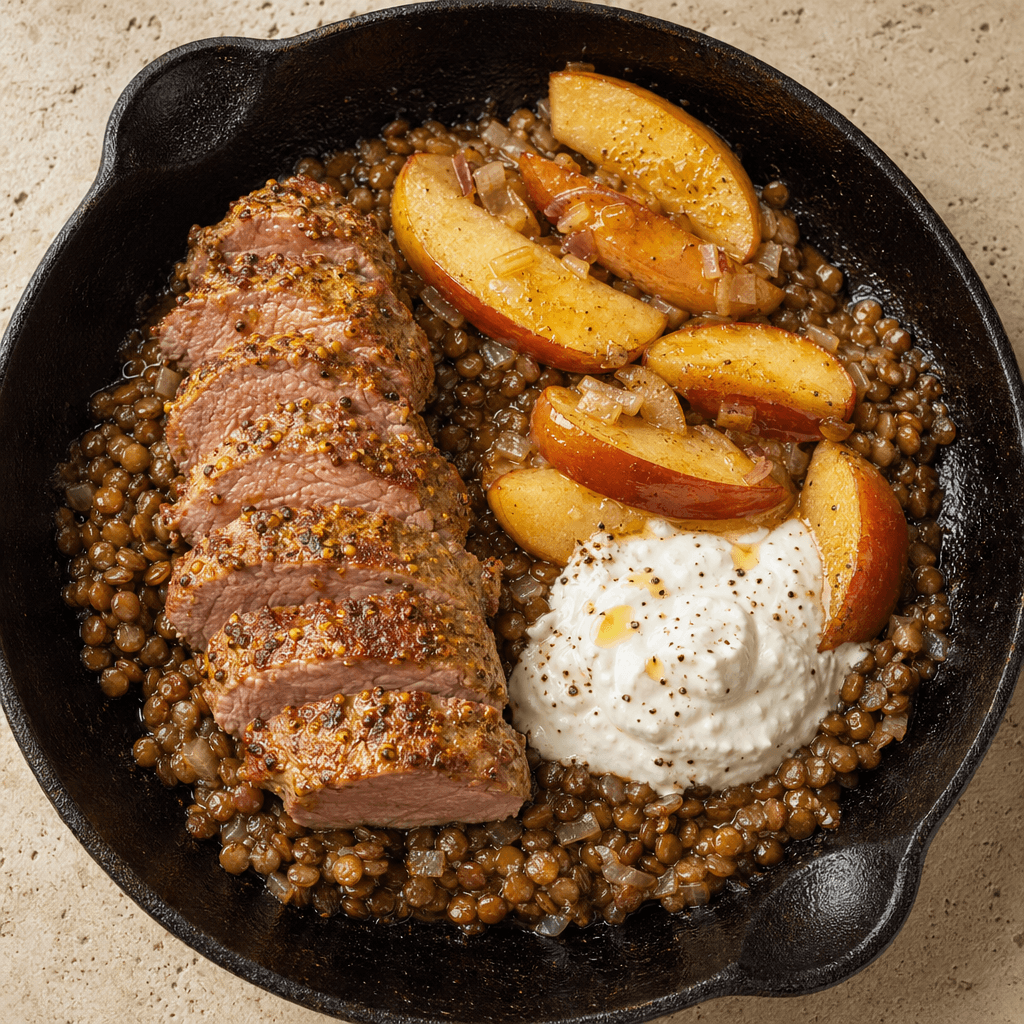Mustard Pork Tenderloin with Apples & Warm Lentils