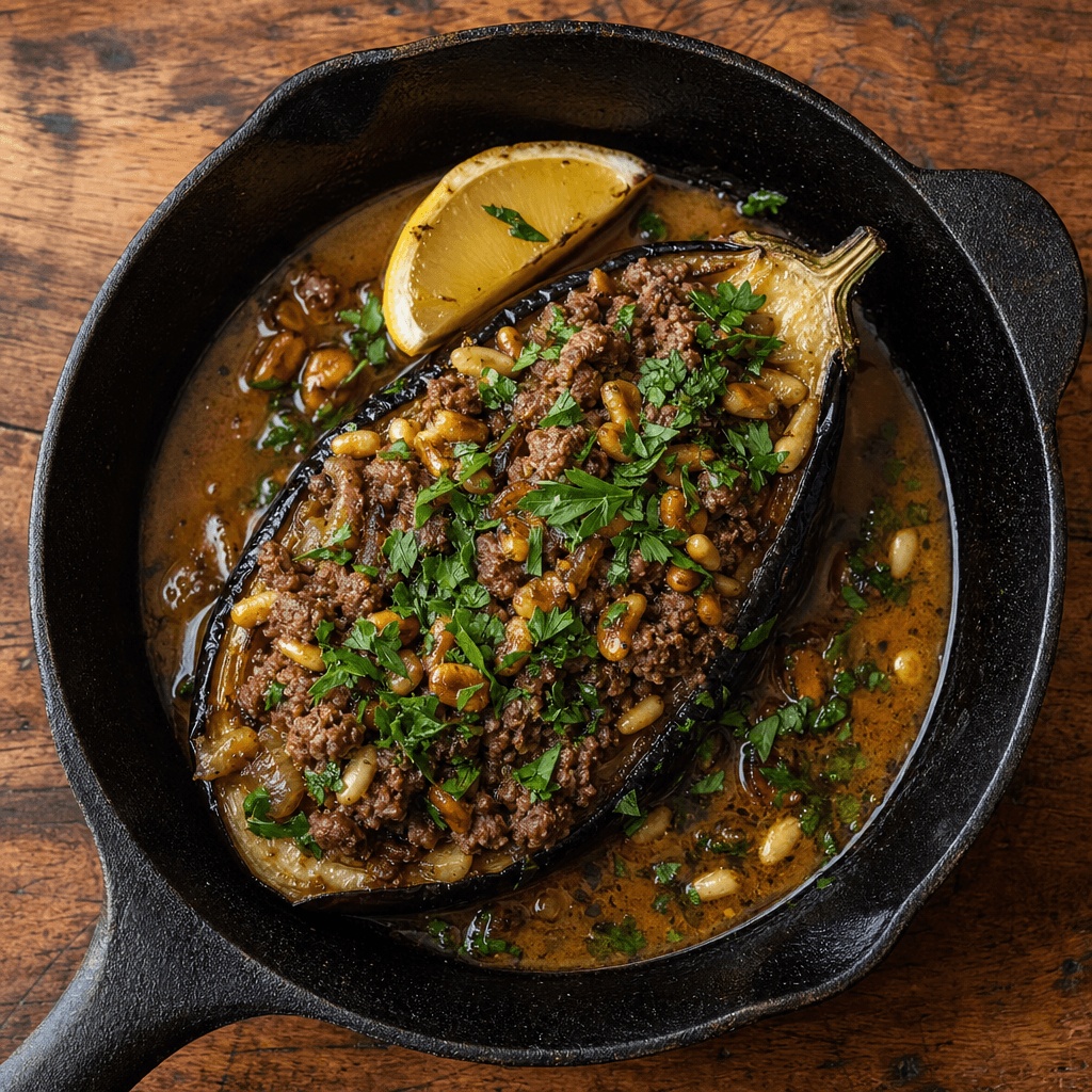 Aubergines Stuffed with Lamb and Pine Nuts