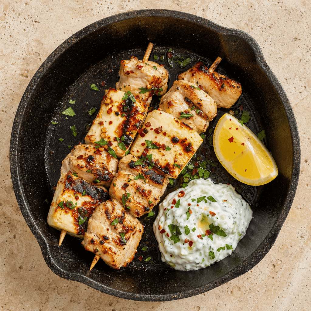 Chicken and Halloumi Skewers with Tzatziki
