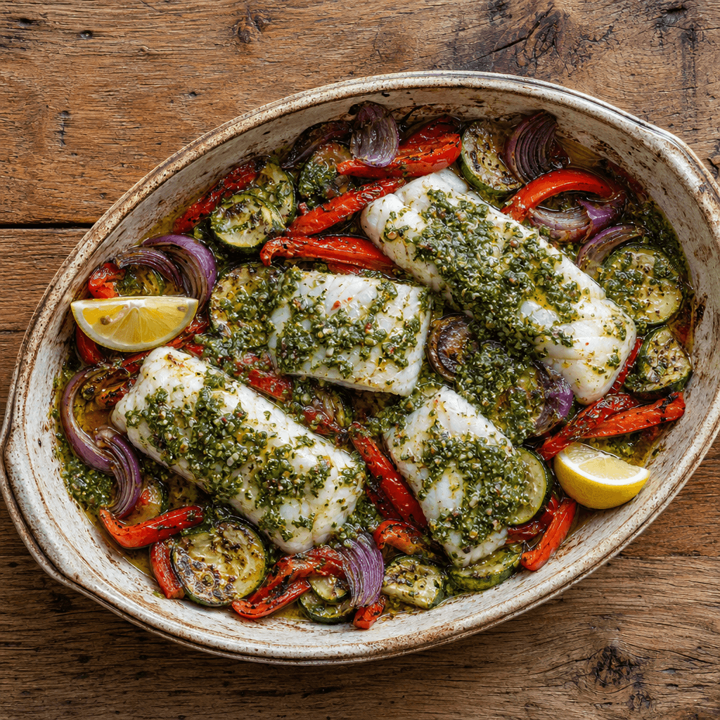 Baked Cod with Salsa Verde & Roasted Veg