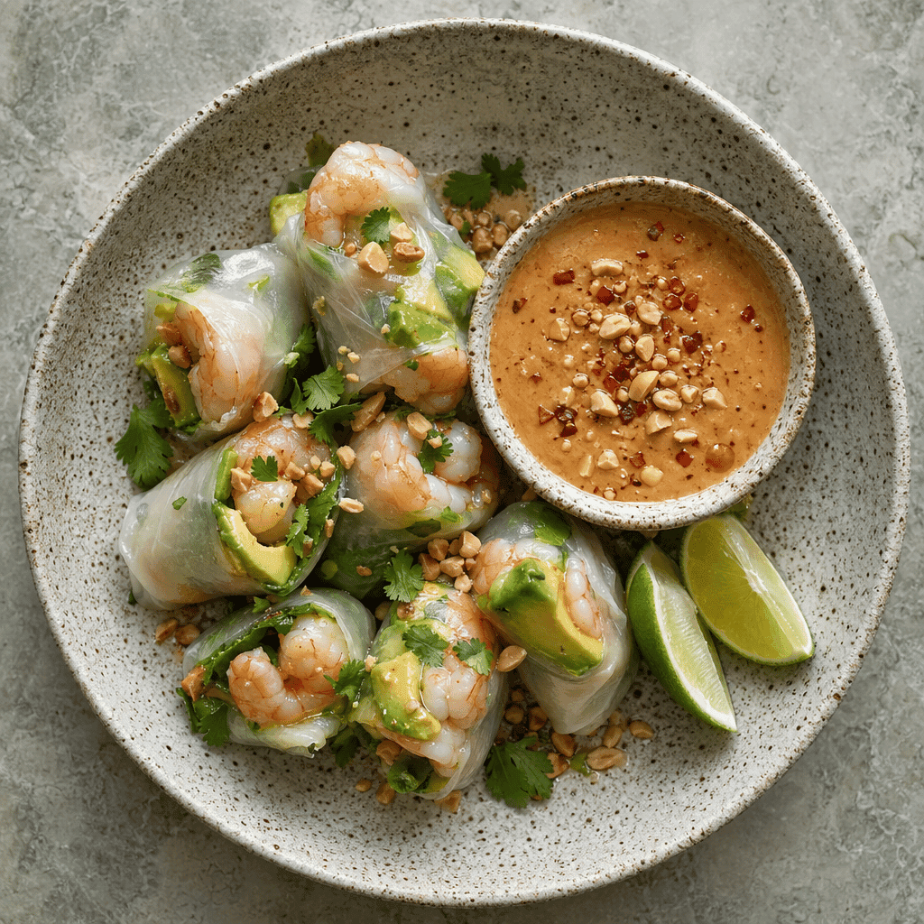 Prawn and Avocado Rice Paper Rolls with Peanut Dipping Sauce