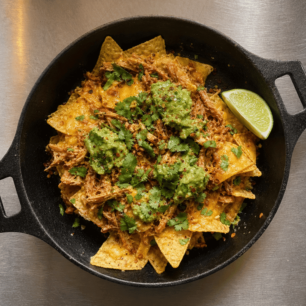 Loaded Nachos with Pulled Chicken and Guacamole