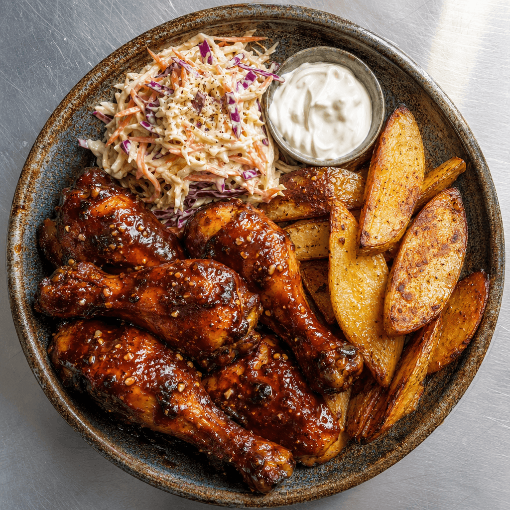 Sticky BBQ Chicken Drumsticks with Wedges