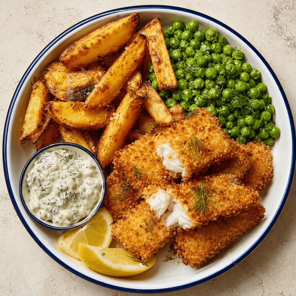 Homemade Fish Fingers with Peas & Chips