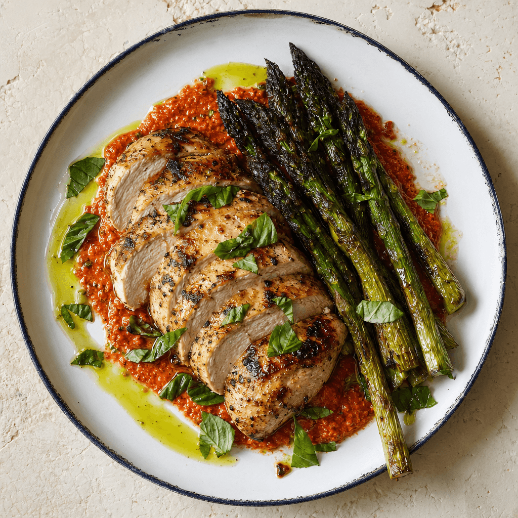 Chicken Breast with Romesco & Charred Asparagus