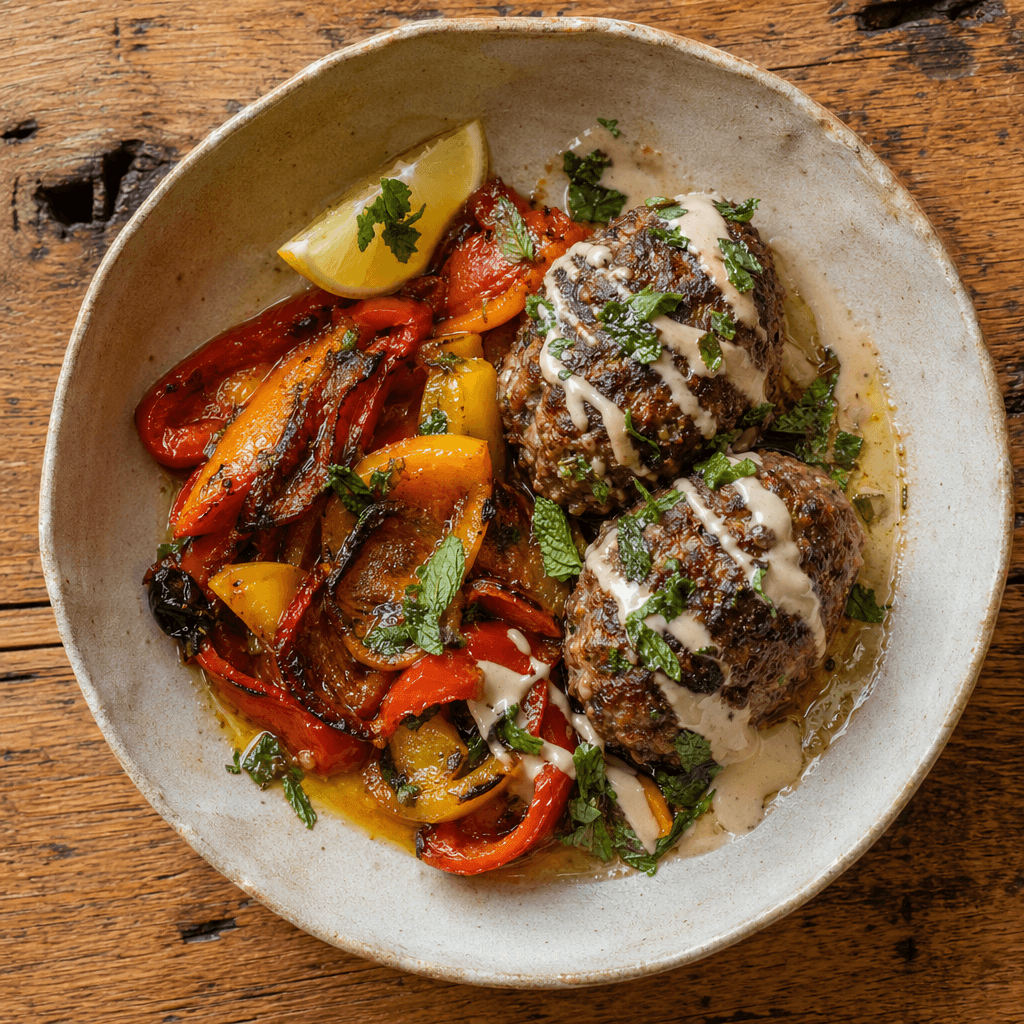 Feta-Stuffed Koftas With Grilled Peppers