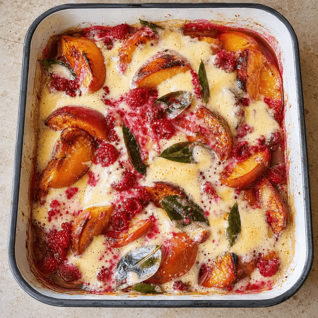 Roast Peaches With Makrut Lime Leaves, Sabayon And Raspberries