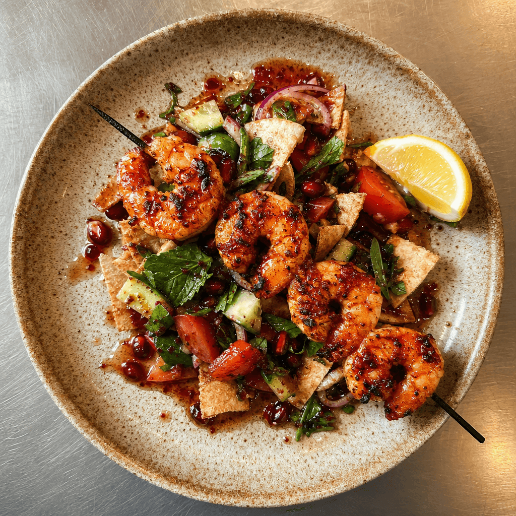Harissa Prawn Skewers with Fattoush
