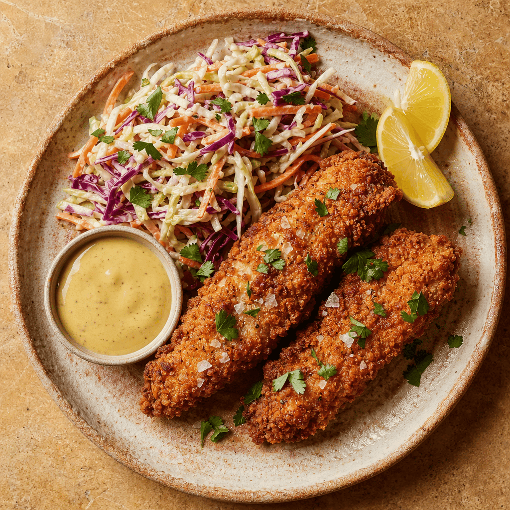 Fried Chicken Strips with Slaw and Honey Mustard